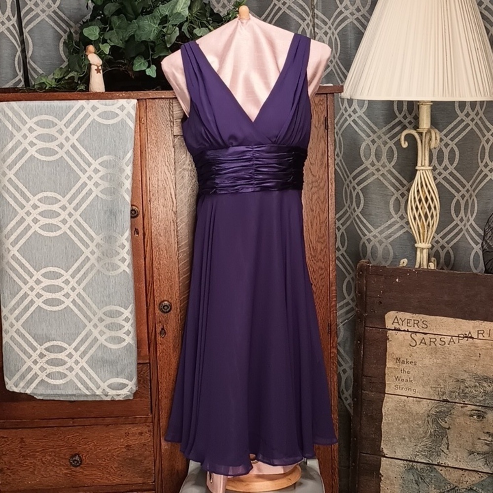 Plum Purple Satin Tie Waist Deep V Neck Flowing Marilyn Monroe Evening Dress